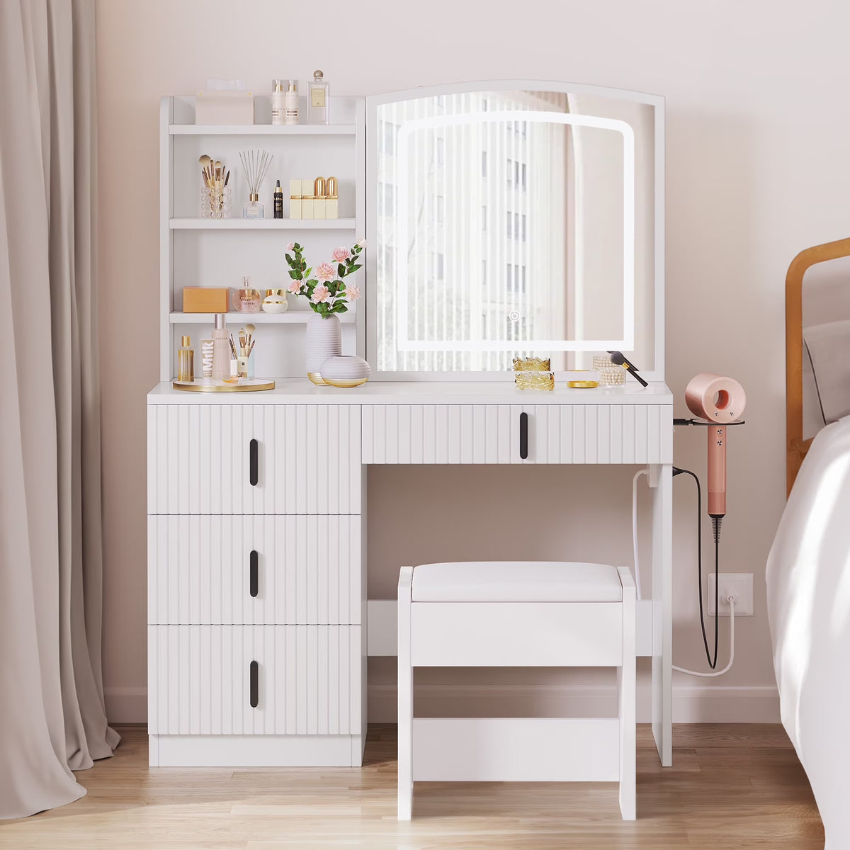 Dextrus Vanity Table Set with LED Lighted Mirror & Stool, Dressing Table with Sliding Mirror & Charging Station , Makeup Table with Storage Shelves & Drawers, White Vanity Desk for Bedroom, White
