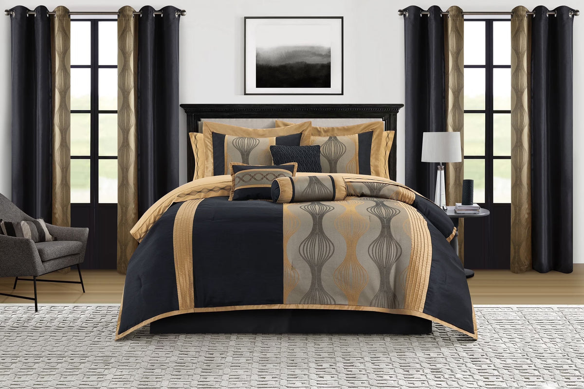 Lanco Elegant Black and Gold Comforter Set,Striped, 7 Pieces Jacquard Bedding Sets with Comforter for All Season, Bed Skirt, Pillows & Shams, Queen Size, Lightweight Microfiber