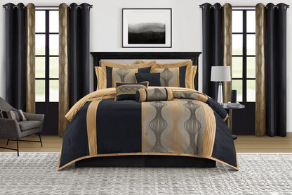 Lanco Elegant Black and Gold Comforter Set,Striped, 7 Pieces Jacquard Bedding Sets with Comforter for All Season, Bed Skirt, Pillows & Shams, Queen Size, Lightweight Microfiber