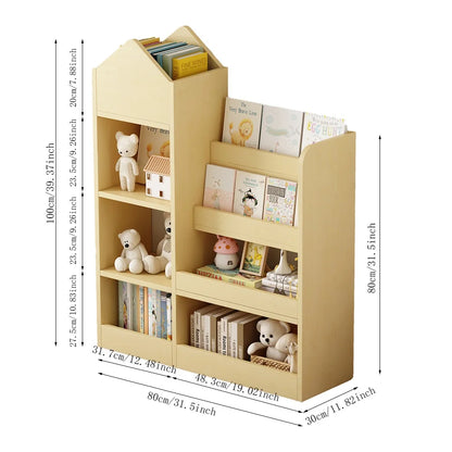 PORKISS Bookshelf for Kids, Wood Kids Bookcase with Toy Storage Organizer, Freestanding Book Shelf with 6 Compartments and 2 Baskets Bins for Kids Bedroom, Nursery, Playroom, Natural