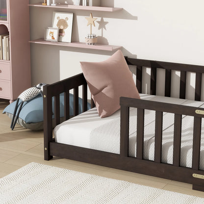 Miniyam Wooden Twin Size Floor Bed with Safety Fence for Kids, Natural