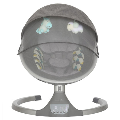 Dream On Me Zazu Baby Swing. Baby Swing for Infant. 5 - Swinging Speed. Two Attached Toys. Bluetooth Enabled and Remote Control. Grey and Blue