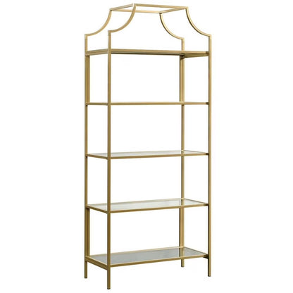 Pemberly Row 5-Shelf Modern Metal Bookcase in Gold Satin/Faux Deco Stone