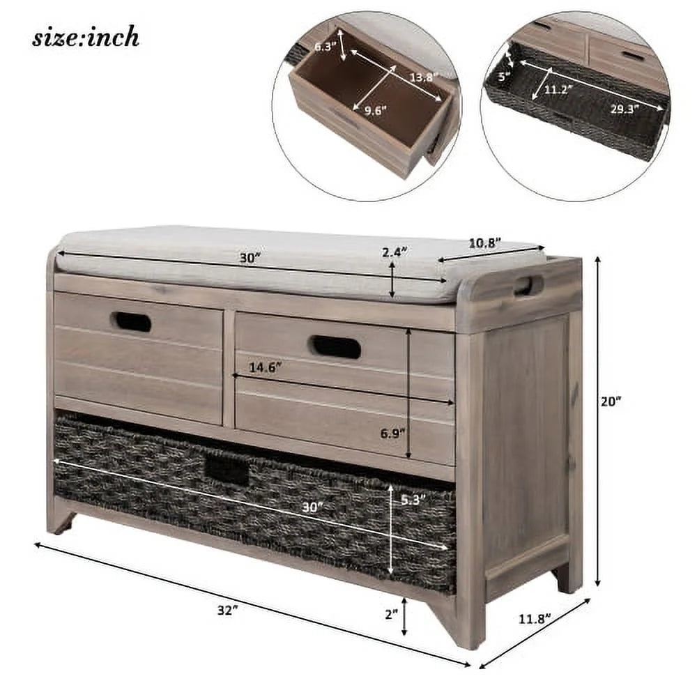 Solid Wood Storage Bench, Narrow Entryway Bench with 2 Drawers and Removable Basket, Classic Accent Shoe Bench with Storage and Removable Cushion for Hallway Living Room, Fully Assembled, Navy