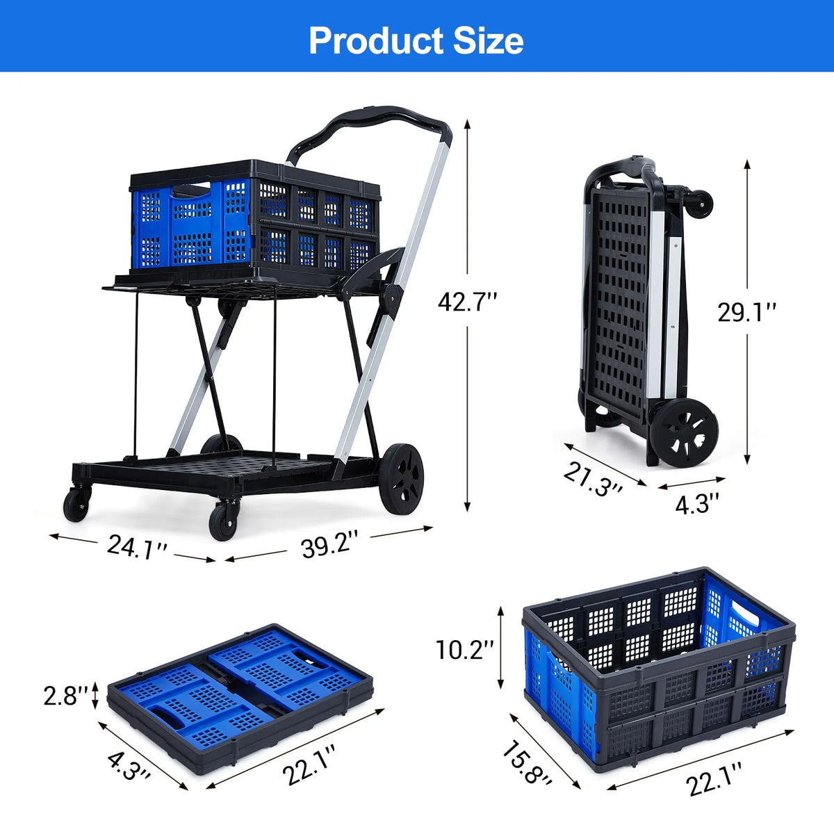 Collapsible Utility Cart, Multi Use Functional Collapsible Shopping Carts, 2-Tier Collapsible Shopping Cart with Storage Crates, Heavy Duty Utility Cart Folding Trolley for Shopping, Picnic and Office