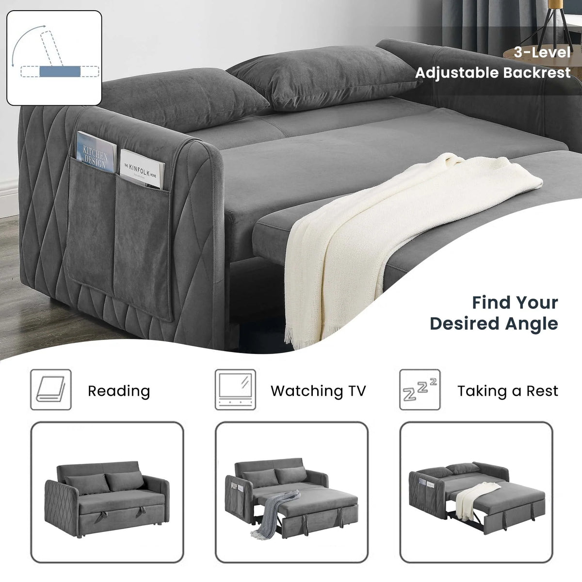 Momspeace 55" Modern Velvet Pull Out Sofa Bed Loveseat Lounge Chaise,Sleeper Sofa Bed with Adjustable Backrest 2 Detachable Arm Pockets - Gray