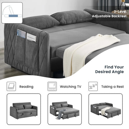 Momspeace 55" Modern Velvet Pull Out Sofa Bed Loveseat Lounge Chaise,Sleeper Sofa Bed with Adjustable Backrest 2 Detachable Arm Pockets - Gray