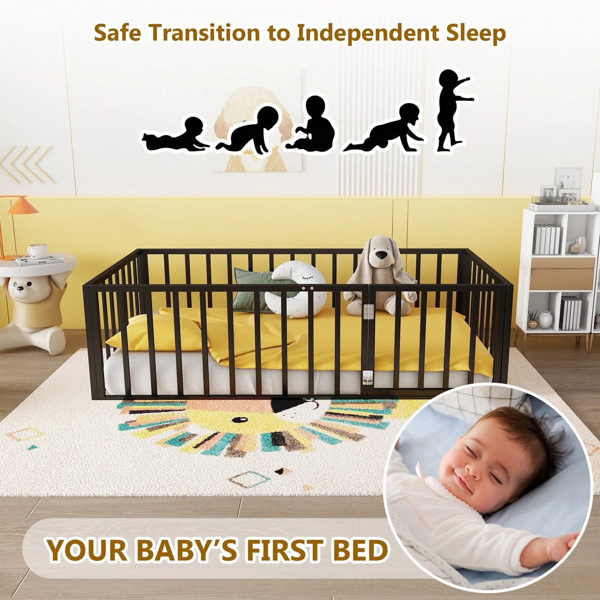 Bellemave Full Size Bed Frame, Full Montessori Bed with Safety Guardrails and Detachable Fence, Wood Full Daybed Frame, Low Profile & Rounded Corners Design, Natural