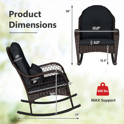 Costway Patio Wicker Rocking Chair W/Seat Back Cushions & Lumbar Pillow Porch Off White