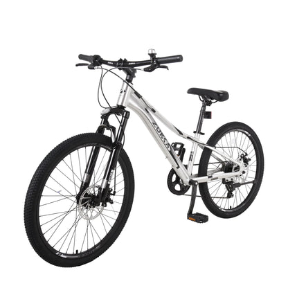 Meghna 7-Speed Mountain Bike for Girls Boys 24 inch Shimano Kids Bicycle Silver 9-12 Year Child