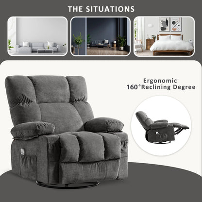JONPONY Manual Recliner Chair with Heat Therapy and Massage Function, Heavy Duty Reclining Mechanism Massage Chair, Elderly Single Rocker Sofa with Cup Holders for Bedroom Home Theater,Grey