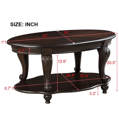 42" Oval Coffee Table with Storage Shelf, 2-Tier Solid Wood Cocktail Tea Table, Traditional Retro Center Table for Living Room, Bearing 400LBS, Cherry