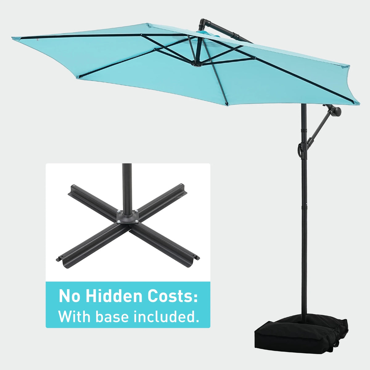 Ainfox 10ft Cantilever Patio Umbrella with Lights, Offset Market Umbrella with Sandbags Weighted Base and Cross Base,Khaki