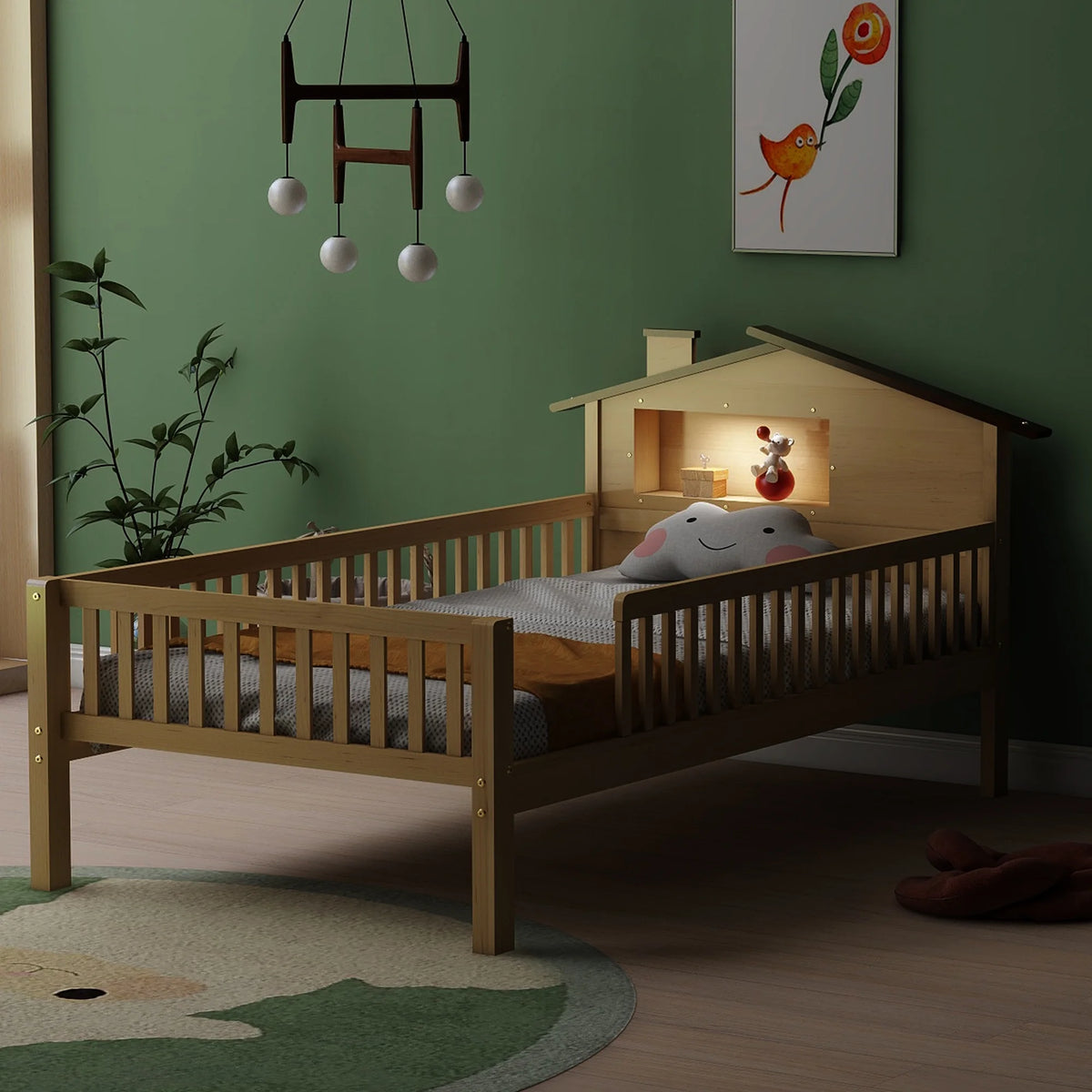 Euroco Wood Twin Size Platform Bed, House Bed with LED Light and Storage, White