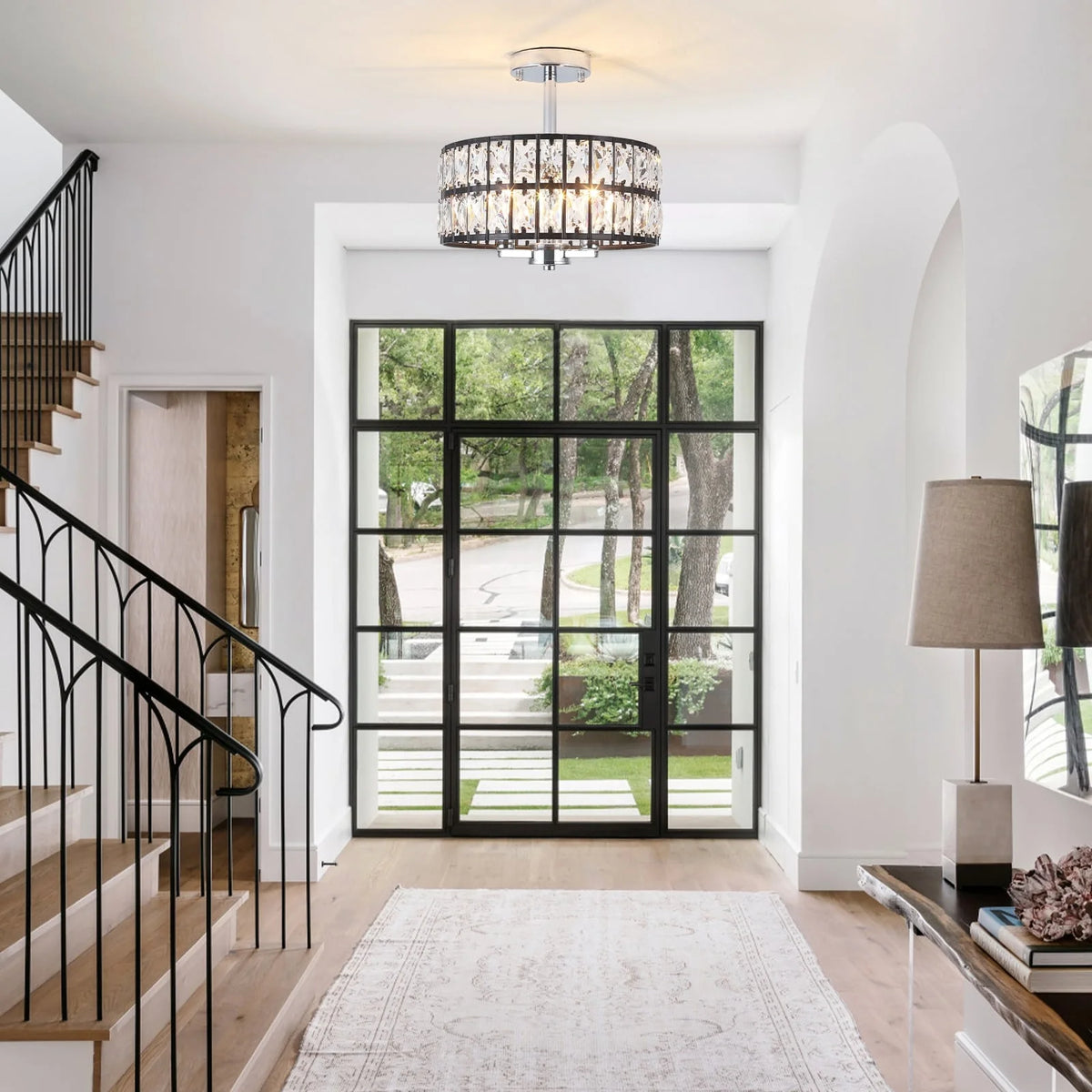 3-Light Crystal Semi Flush Mount Lights for Living Room Hallway French Gold