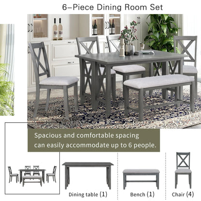 HANSHE Dining Table Set for 6, Farmhouse Dining Table Set with Foldable Table, Bench & 4 Chairs, Kitchen Table Sets with Chairs, Dining Room Set for Home Apartment Dorm, Gray