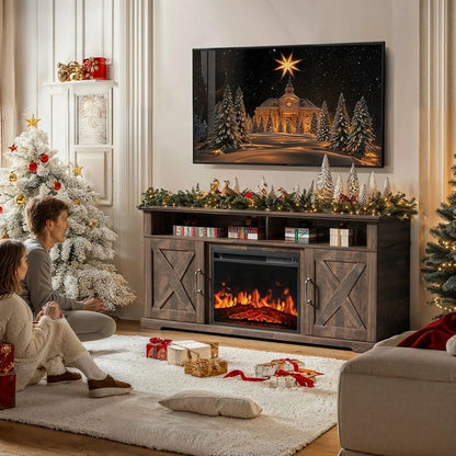 Electric Fireplace TV Stand for TVs up to 75", Farmhouse Entertainment Center with Fireplace, Grey
