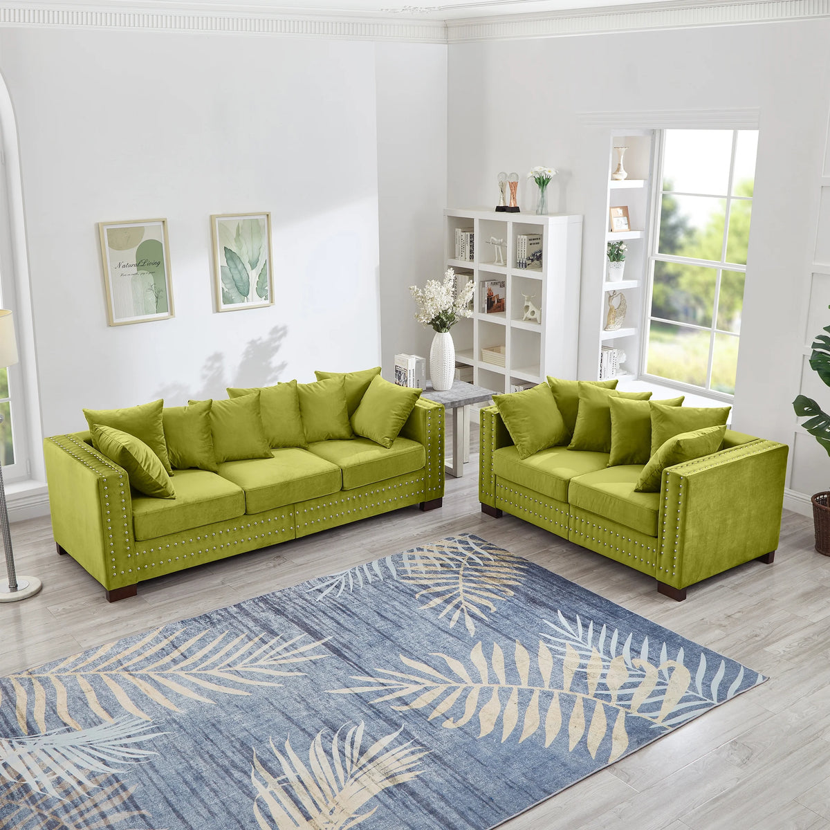 Modern Velvet Sofa Set 2+3 Seater Sofa Loveseat Couch with Silver Nail Trim, Square Armrests and Hidden Storage, Luxury Living Room Couch with Pocket Spring Cushions