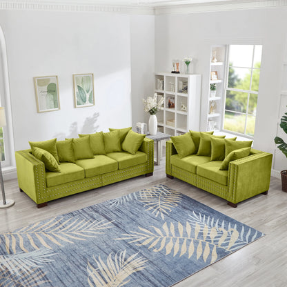 Modern Velvet Sofa Set 2+3 Seater Sofa Loveseat Couch with Silver Nail Trim, Square Armrests and Hidden Storage, Luxury Living Room Couch with Pocket Spring Cushions