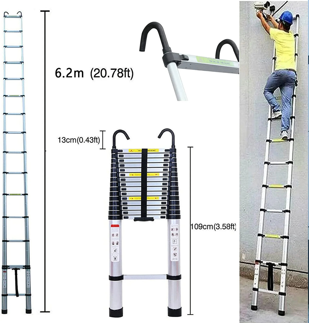 Jupiter Multi-Purpose Telescoping Extension Ladder with 2 Detachable Hooks, 20 ft, Aluminum Silver
