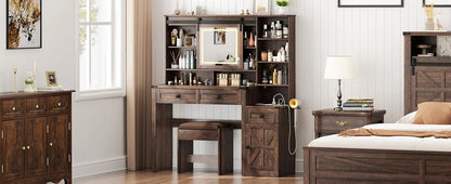 Blotout 47.2" Farmhouse Rustic Makeup Vanity Desk with Sliding Mirror and Lights, Glass Top Vanity Set with Charging Station & 3 Drawers & 1 Cabinet & Stool, Big Vanity (White)