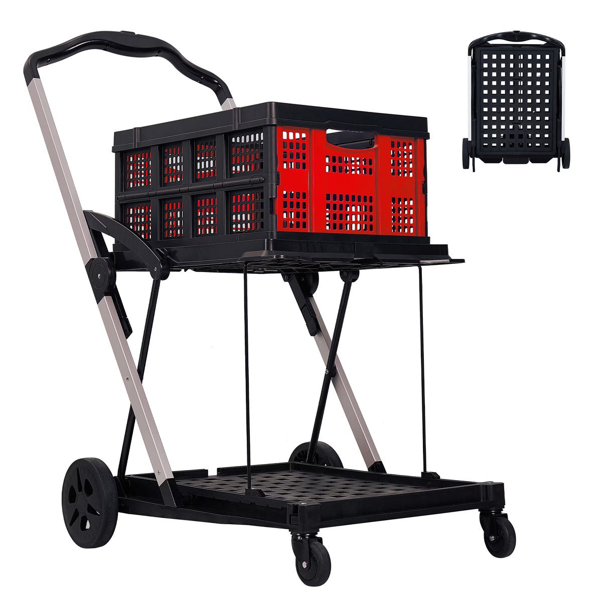 Garvee Foldable Shopping Cart for Groceries, 2-Tier Collapsible Utility Carts with Wheels & Removable Storage Crate, Aluminium & PP, Portable for Supermarket & Home Use