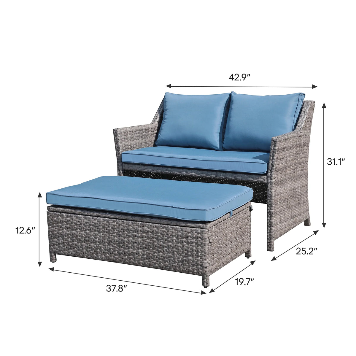 Outdoor Wicker Love Seat and Coffee Table Set, Weather Resistant Grey Rattan, Patio Furniture with Gray Cushions & Storage Bin