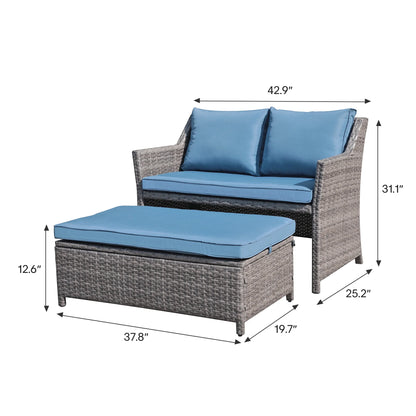Outdoor Wicker Love Seat and Coffee Table Set, Weather Resistant Grey Rattan, Patio Furniture with Gray Cushions & Storage Bin