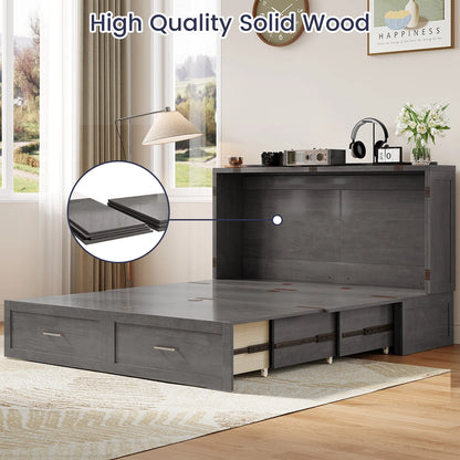 ZAFLY Murphy Bed with Trifold Foam Mattress, Cabinet Bed has USB Charging Station, Convertible Bed with Storage Platform, Cabinet Chest Bed with Large Drawers for Living Room/Bedroom (Grey)