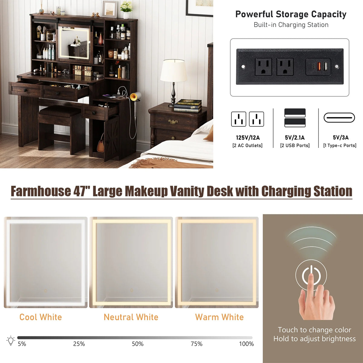 Blotout 47.2" Farmhouse Rustic Makeup Vanity Desk with Sliding Mirror and Lights, Glass Top Vanity Set with Charging Station & 3 Drawers & 1 Cabinet & Stool, Big Vanity (White)