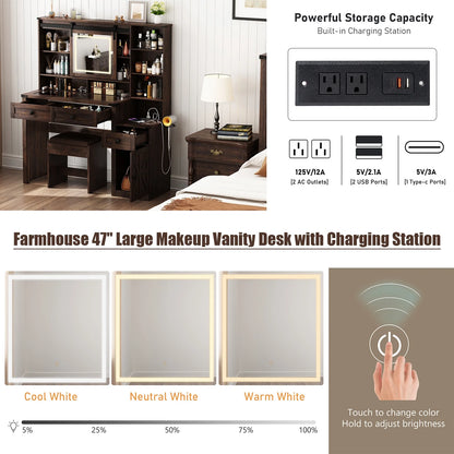 Blotout 47.2" Farmhouse Rustic Makeup Vanity Desk with Sliding Mirror and Lights, Glass Top Vanity Set with Charging Station & 3 Drawers & 1 Cabinet & Stool, Big Vanity (White)