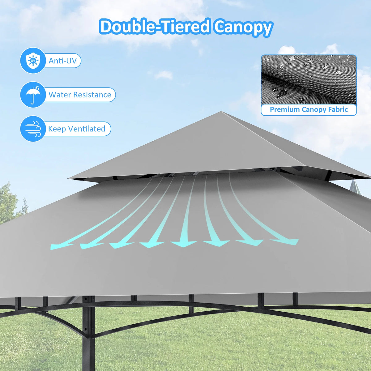 GVDV 8'x 5' Grill Gazebo Canopy, Outdoor BBQ Gazebo Shelter with 2 Side Shelves & Double-Tiered Top