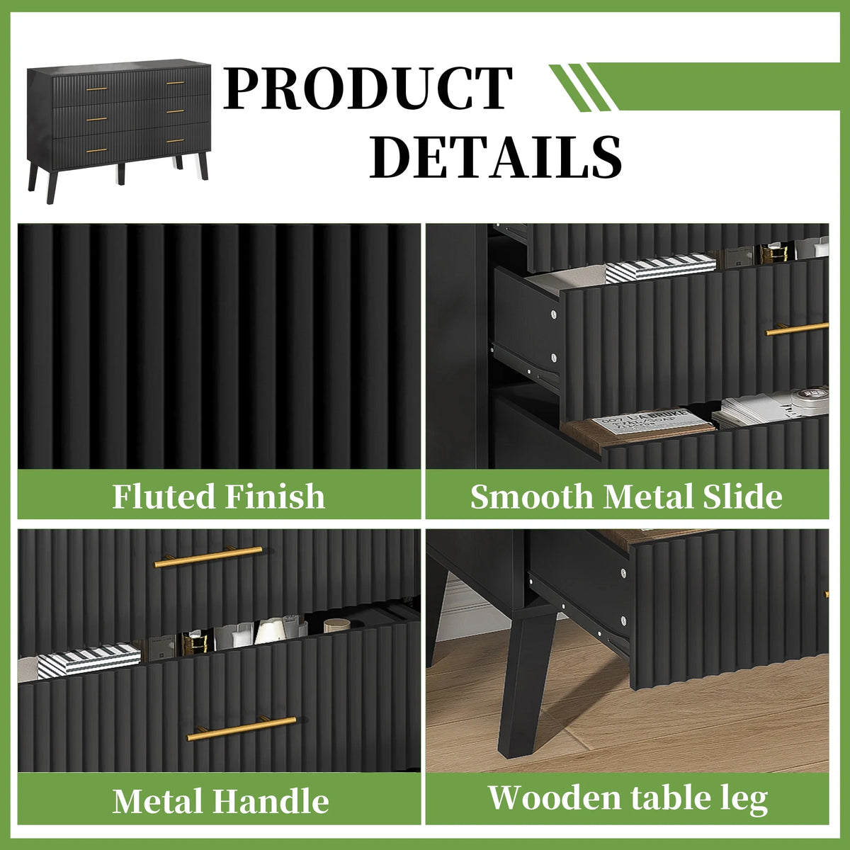 Fluted 6 Drawers Dresser, Wide Modern Chest of Drawers, 6 Drawer Double Dresser