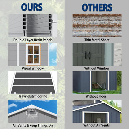 9 x 5.8 FT Outdoor Storage Shed, Linor Resin Shed with Floor, Window, and Vents, Weather-Resistant Garden Shed for Garden Tool Outside Sheds, Bike Shed, Backyard Shed