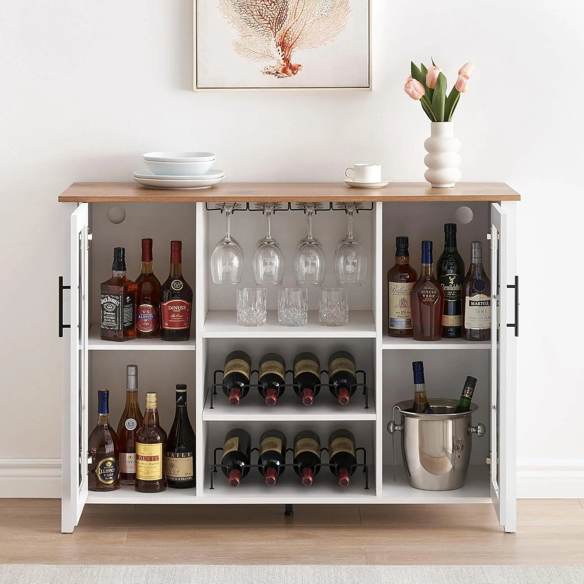 FOLDLIFE Wine Bar Cabinet with LED Lights, Liquor Cabinet Bar with Storage Cabinet, Coffee Cabinet with Bottles and Glass Rack, Buffet Sideboard with Storage Cabinet&Drawers,Dark Grey
