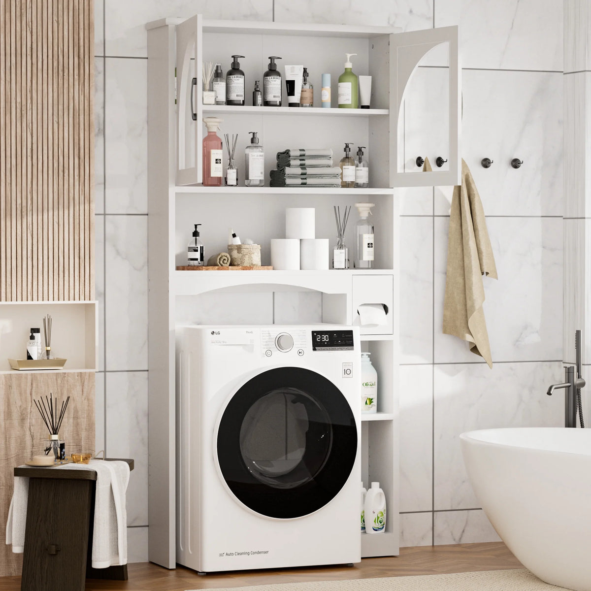 HARIPUL Over The Toilet Storage Cabinet w/ Unique Wood Grain & Arc Design, Freestanding Bathroom Shelf Organizer Space Saver w/ Doors & Anti-Tip Device, Wood Color