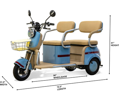 Massimo MGC E-Trike 3-Wheel Electric Cart – 17 MPH, 2-Seater Adult Scooter – Blue