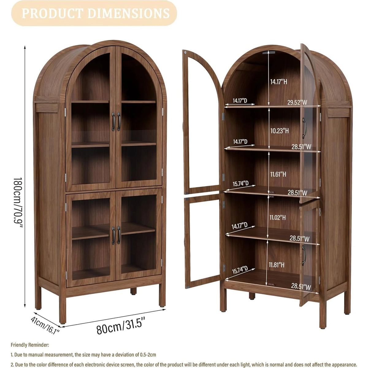 Fiogmub Tall Arched Storage Display Cabinet, Arched Pantry Cabinet with Doors, Acrylic Glass Doors