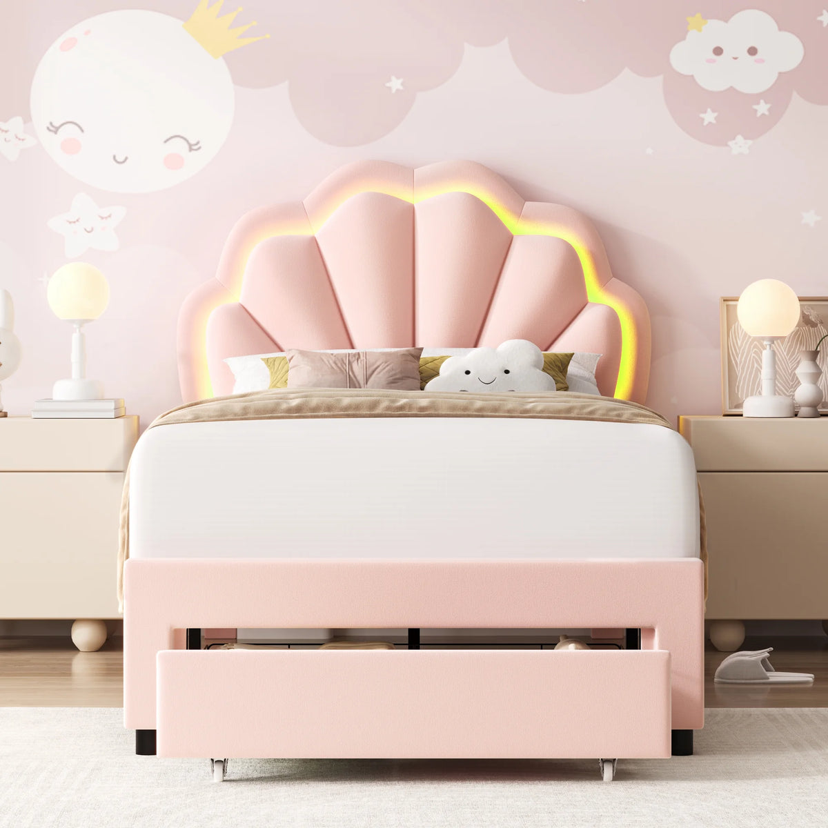 Homfa Twin Bed Frame with Storage & LED Light, Velvet Upholstered Platform Twin Bed with Adjustable Petal Headboard, Beige