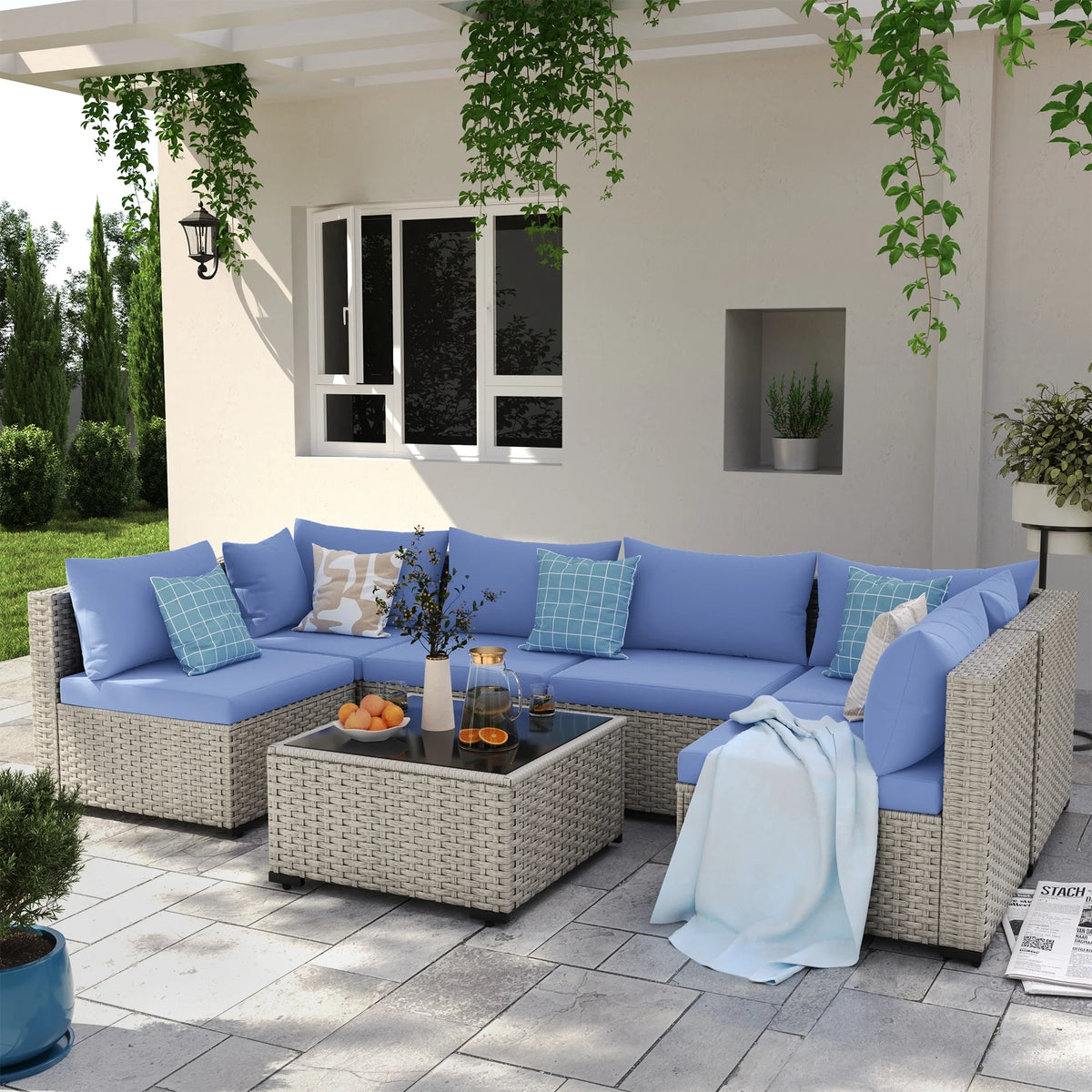 7 Pieces Patio Conversation Set, Outdoor Sectional PE Rattan Wicker Furniture Seat,Dark Gray
