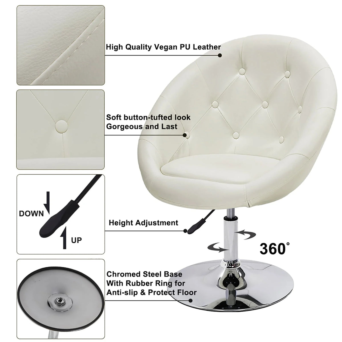 Duhome Modern Vanity Make-up Accent Chair PU Leather Desk Chair Round Swivel Tufted Adjustable Lounge Chair for Bedroom White