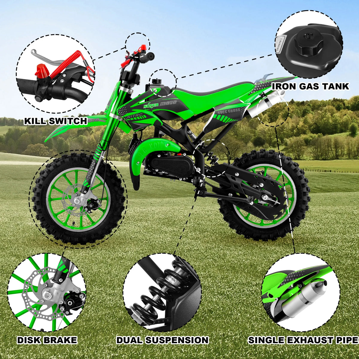 Gpower Gasoline 49cc Dirt Bike for Kids 6-15,2-Stroke Gas Power Mini Dirt Bike,1-Seater,Blue