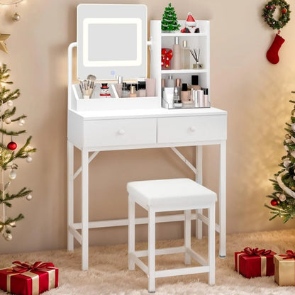 Makeup Vanity Desk with Mirror and Lights, 43.5�� Vanity Table with 5 Drawers & Storage Shelves, White