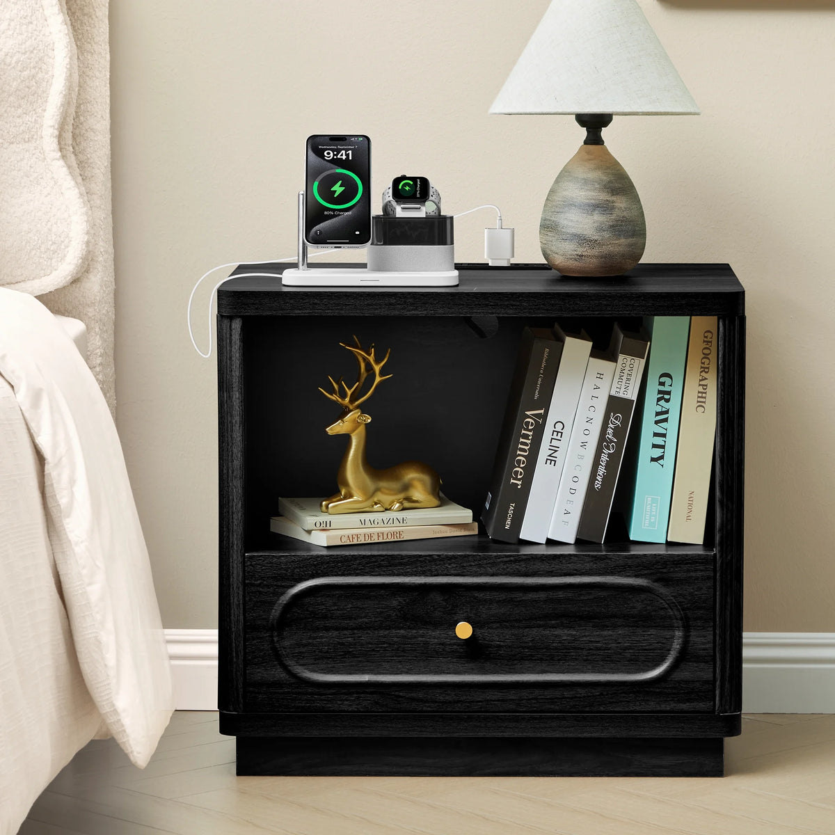 YOCWO 3 Drawer Nightstand, Classic Chest of Drawers with Arc Edge, Walnut