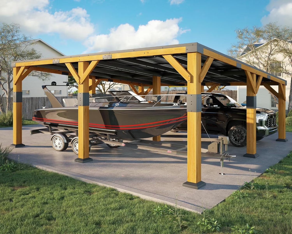 Jocisland 20x20x9.2 ft Cedar Wood Carport with Sloped Galvanized Steel Roof, Heavy Duty Outdoor Shelter for 2 Cars, Trucks, Boats & Tractors