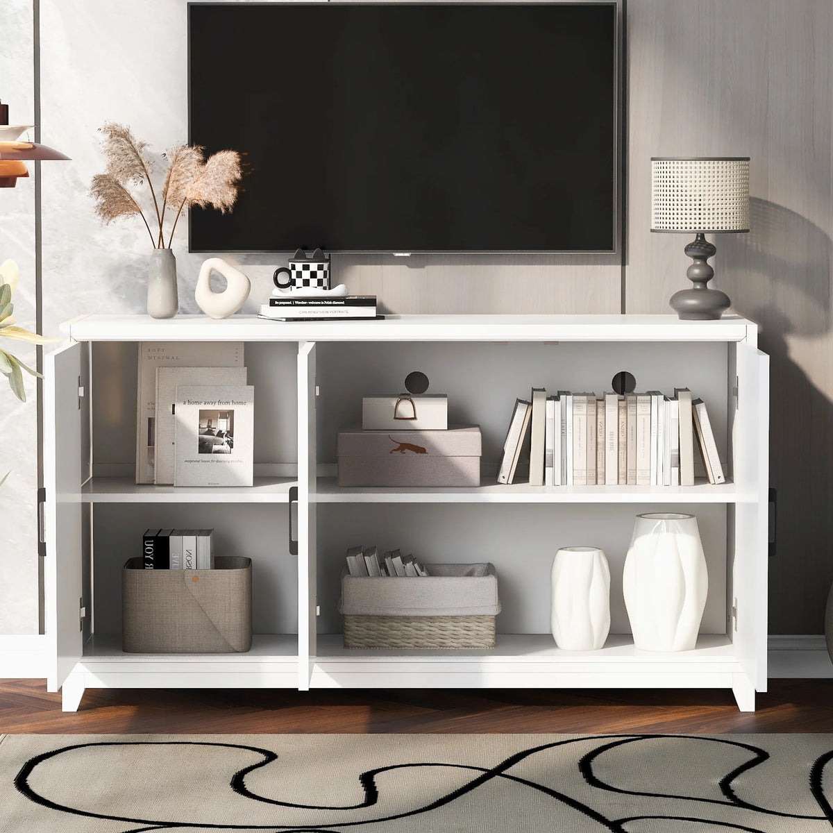 Euroco Modern TV Stand with Adjustable Shelves & Solid Wood Legs �C Media Console Cabinet with Storage for Living Room or Bedroom