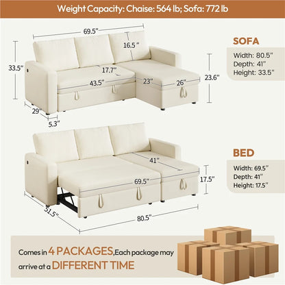 Alden Design Reversible Sectional Sofa with USB & Type-C Ports for Livingroom, Light Gray