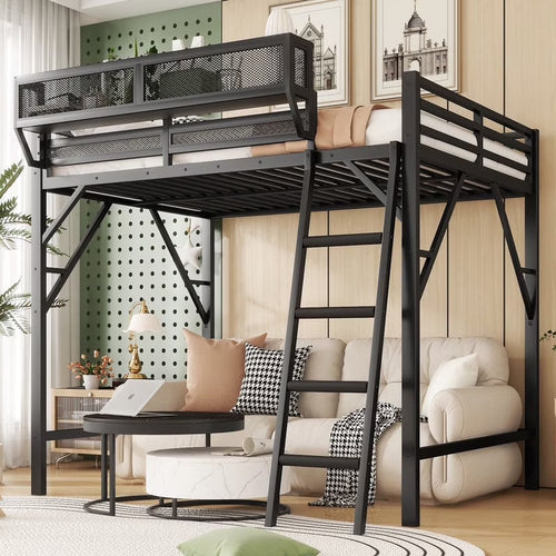 Duxelifin Queen Size Metal Loft Bed Frame, Heavy Duty Steel High Loft Bed with Storage Shelves & Ladder, Space-Saving Loft Bed for Apartments, Adults, Teens & Juniors (Black)