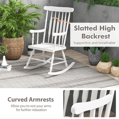 Costway Solid Wood Rocking Chair Porch Rocker Indoor Outdoor Seat Glossy Finish White