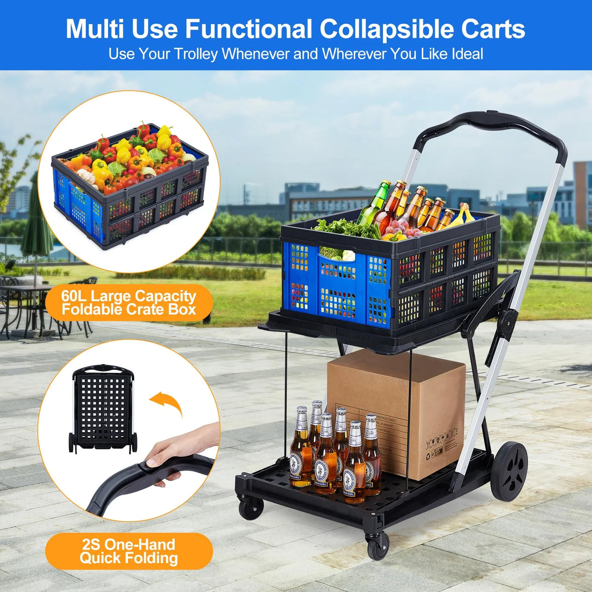 Collapsible Utility Cart, Multi Use Functional Collapsible Shopping Carts, 2-Tier Collapsible Shopping Cart with Storage Crates, Heavy Duty Utility Cart Folding Trolley for Shopping, Picnic and Office